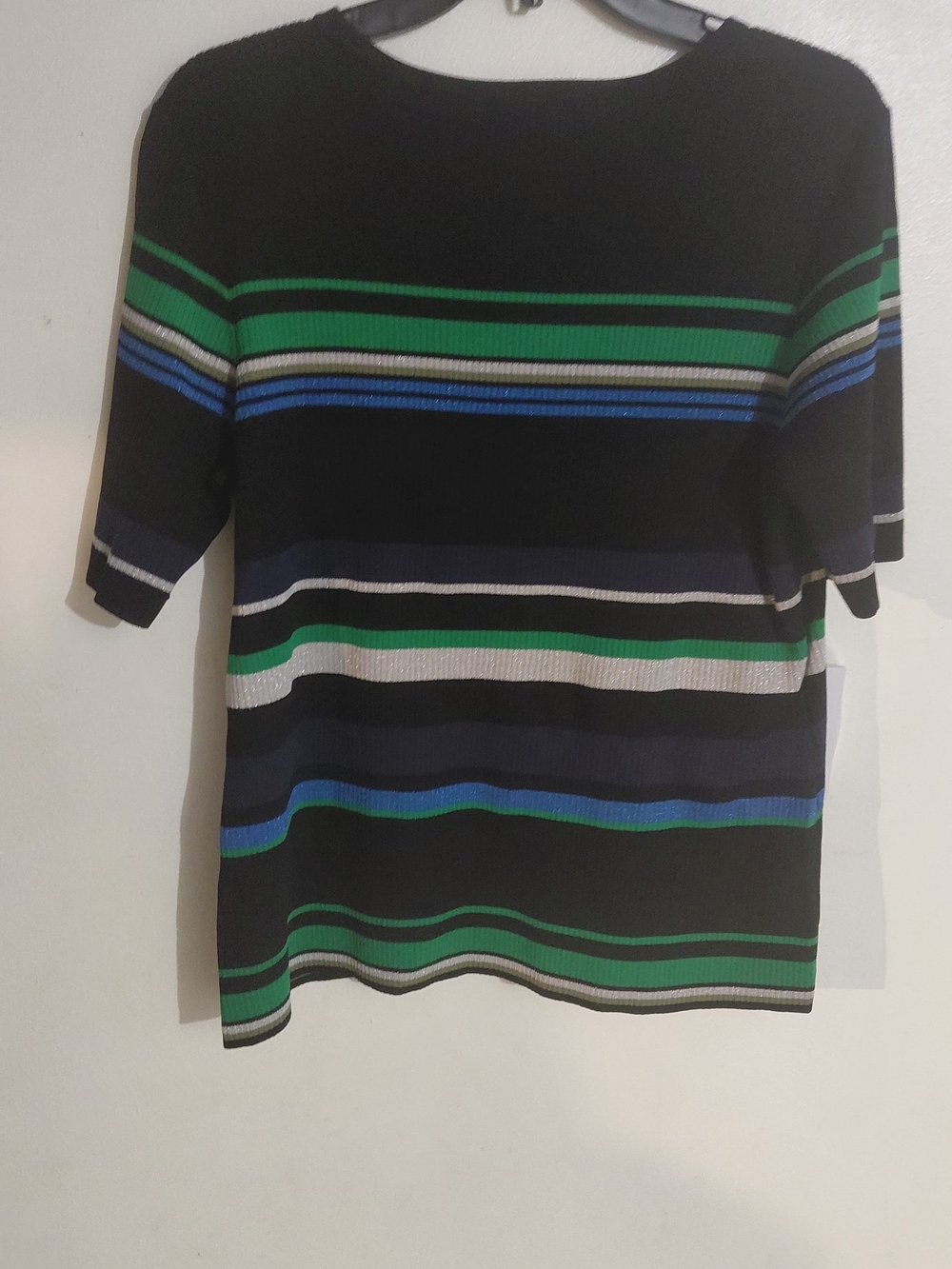 INC International Concepts Black Crewneck Top with Green, Blue & White Stripes
